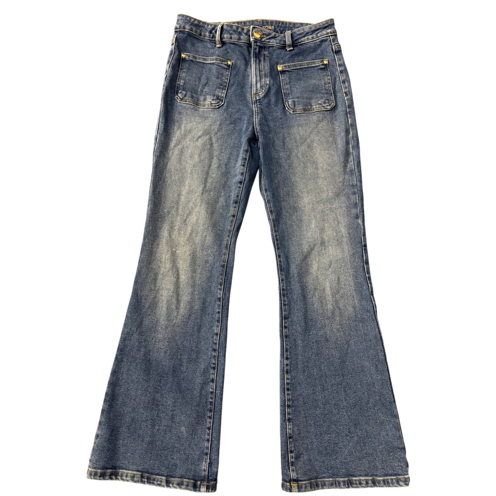 Michael Kors Women Medium Wash High‎ Rise Flare Jeans Front Patch Pockets Size 8